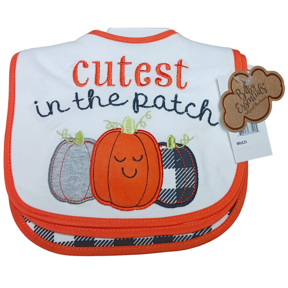 Baby Essentials Baby’s Cutest In The Patch Bibs Set of 3 Pumpkin Theme One Size - Picture 1 of 16